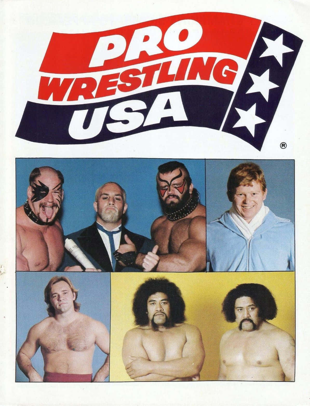 摔角 桌布 壁紙 — 復古Pro Wrestling USA海報， featuring 六位摔角手在工作室肖像中，搭配大膽的紅、白、藍品牌標識。