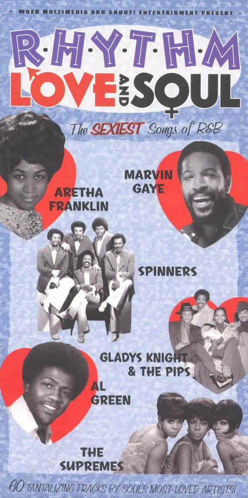 Rappers 桌布 壁紙 — 復古R&B音樂海報， featuring Aretha Franklin、Marvin Gaye及其他靈魂樂藝術家，置於心形框架內，背景為藍色紋理。