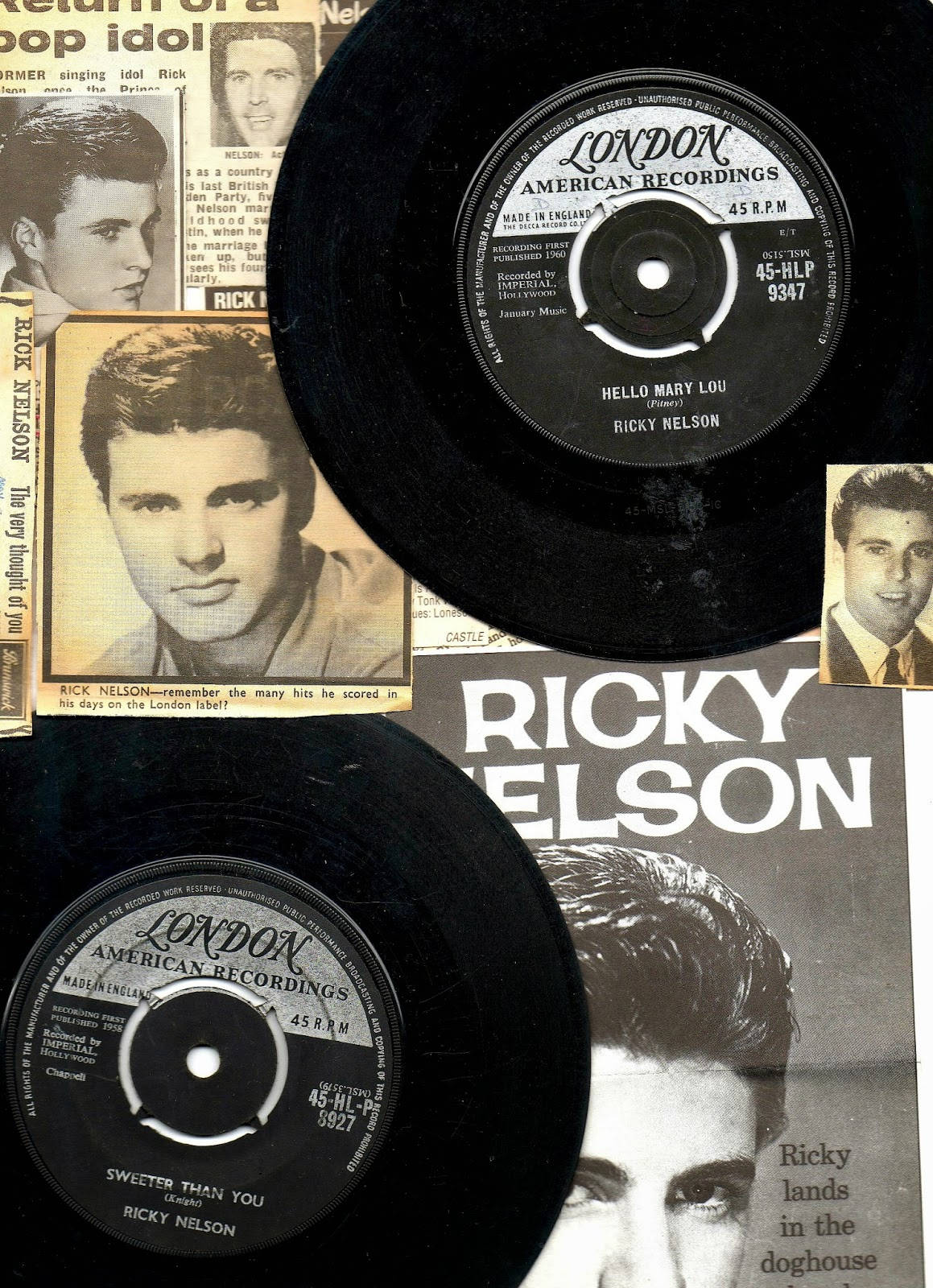 Singer 桌布 壁紙 — 復古Ricky Nelson黑膠唱片與報紙剪報拼貼，單色調配大膽字體。