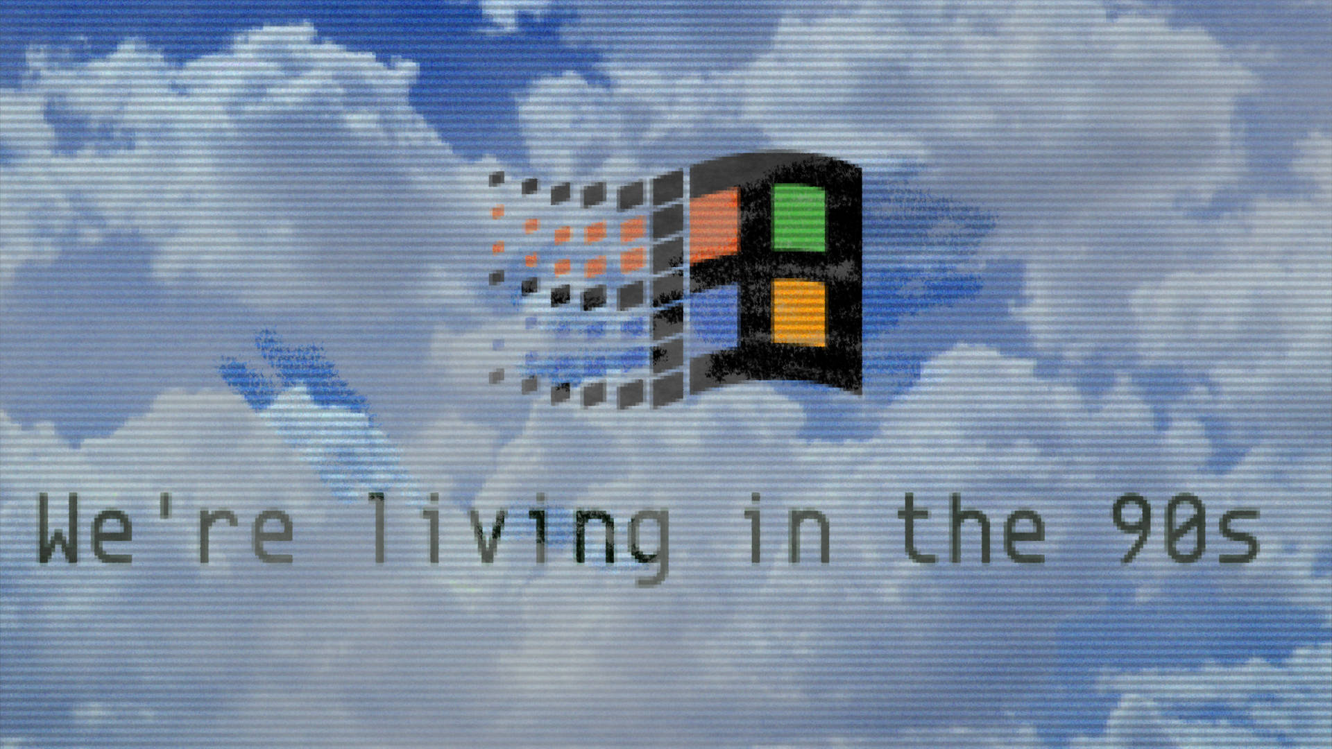 蒸氣波 桌布 壁紙 — 復古Windows 95標誌漂浮在多雲的天空中，帶有復古掃描線和宣稱我們生活在90年代的文字。