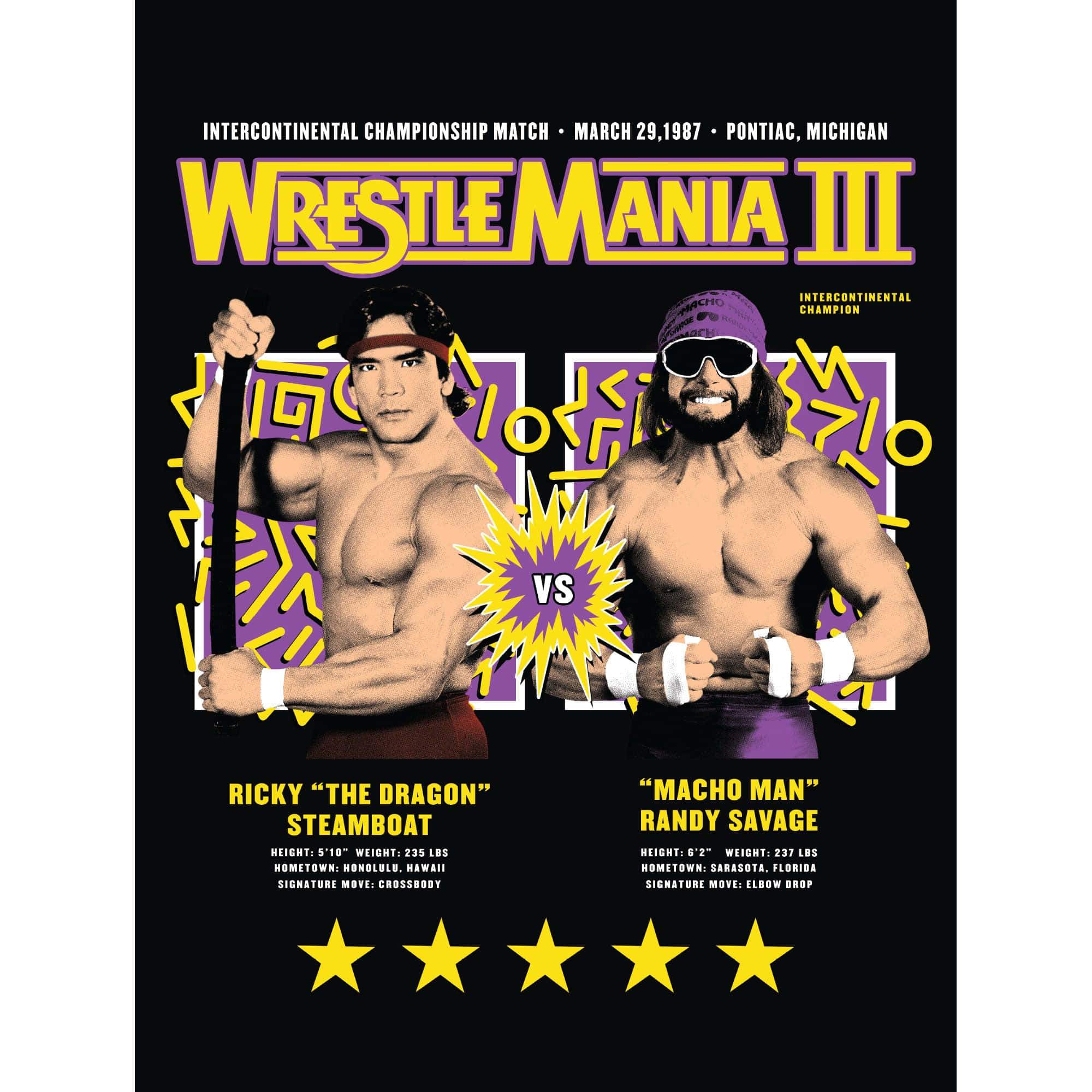 WWE 桌布 壁紙 — 復古WrestleMania III海報， featuring Ricky Steamboat 和 Randy Savage，以80年代大膽的摔角宣傳風格，搭配黃色、紫色和黑色圖形。