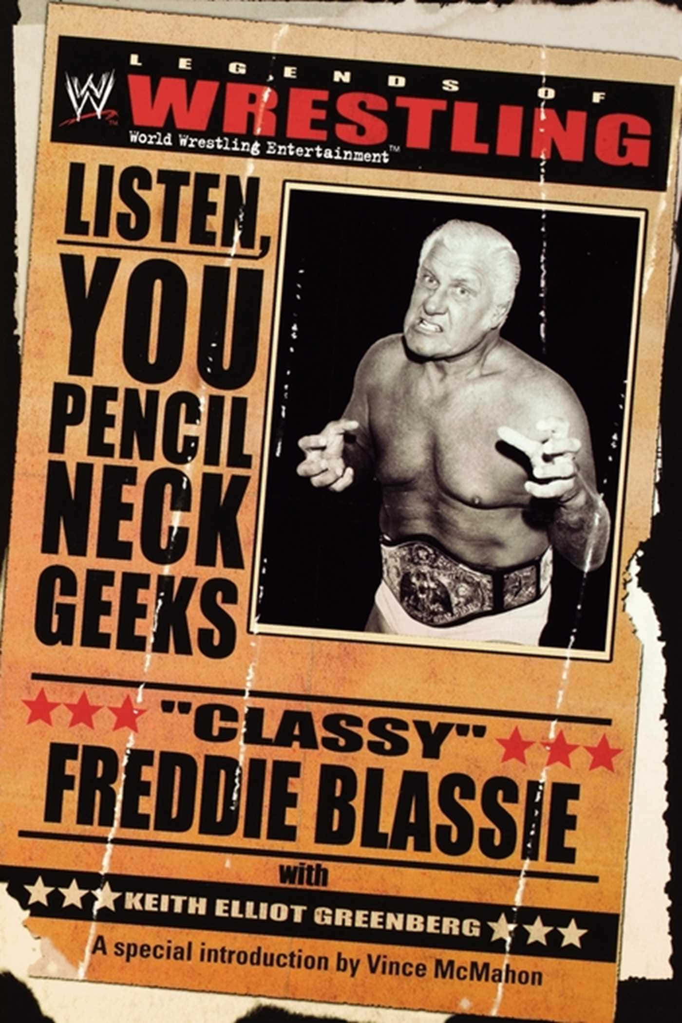 poster 桌布 壁紙 — 復古WWE海報，以黑白呈現「Classy」Freddie Blassie，搭配大膽的橙色字體和撕裂邊緣。