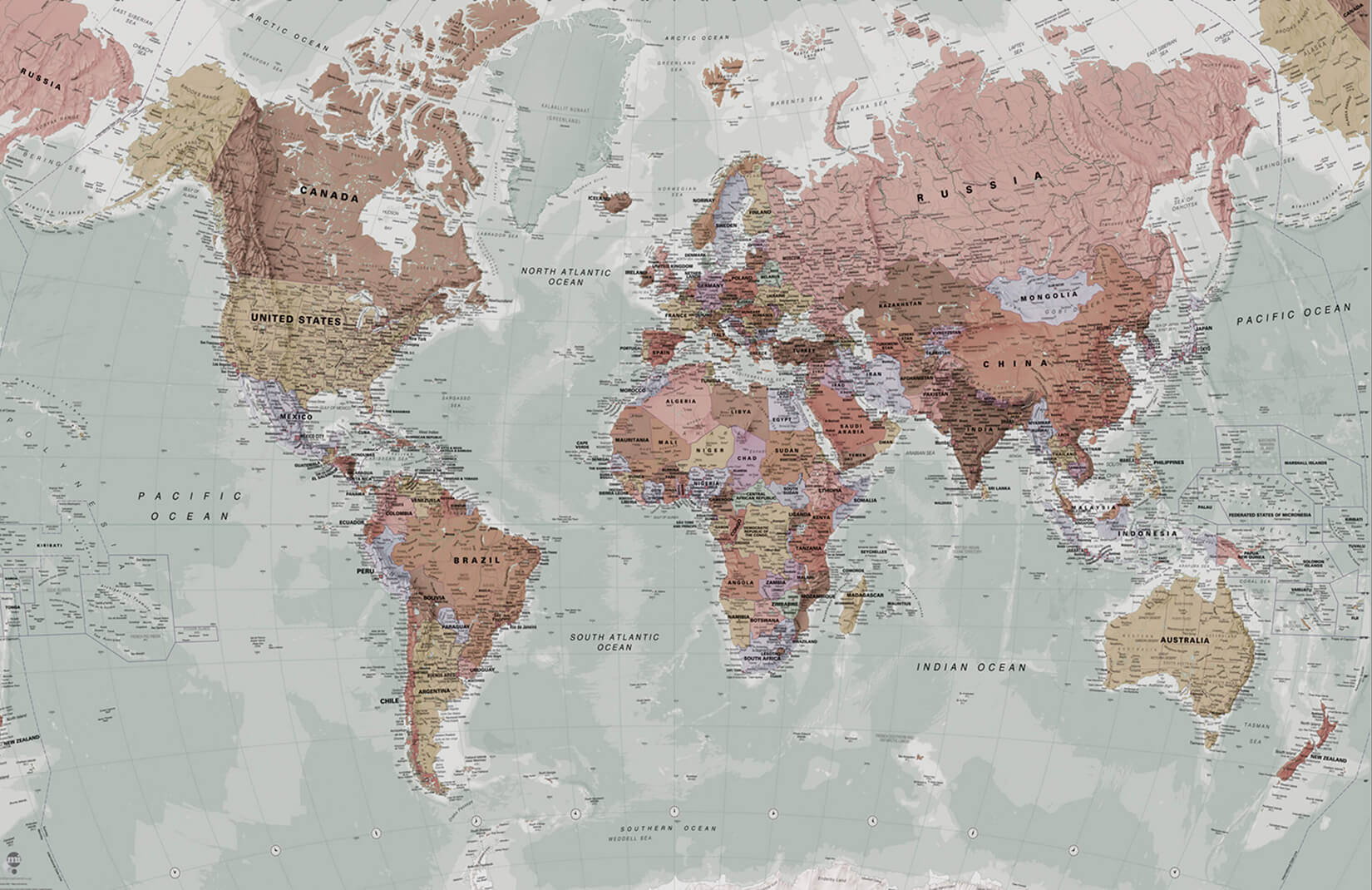 World 桌布 壁紙 — 復古世界地圖，以大地色調的國家和標記的海洋，背景柔和。
