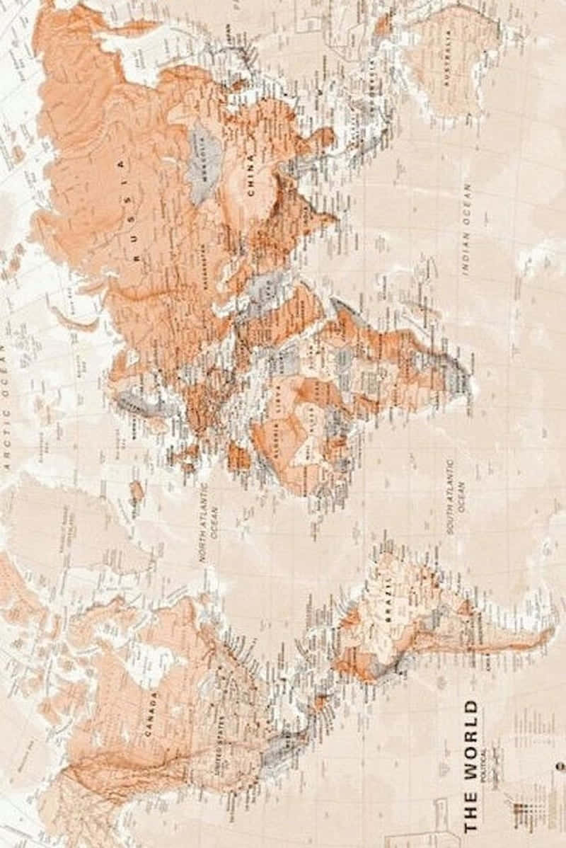 World Map Aesthetic 桌布 壁紙 — 復古世界地圖，以棕褐色調的大陸和精緻的線條藝術描繪海洋和國家。