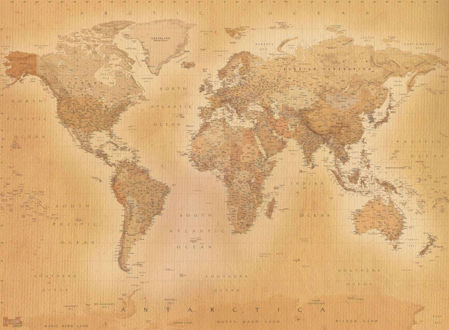 Map 桌布 壁紙 — 復古世界地圖，帶有懷舊棕色調和木紋質感，顯示所有大陸和海洋。