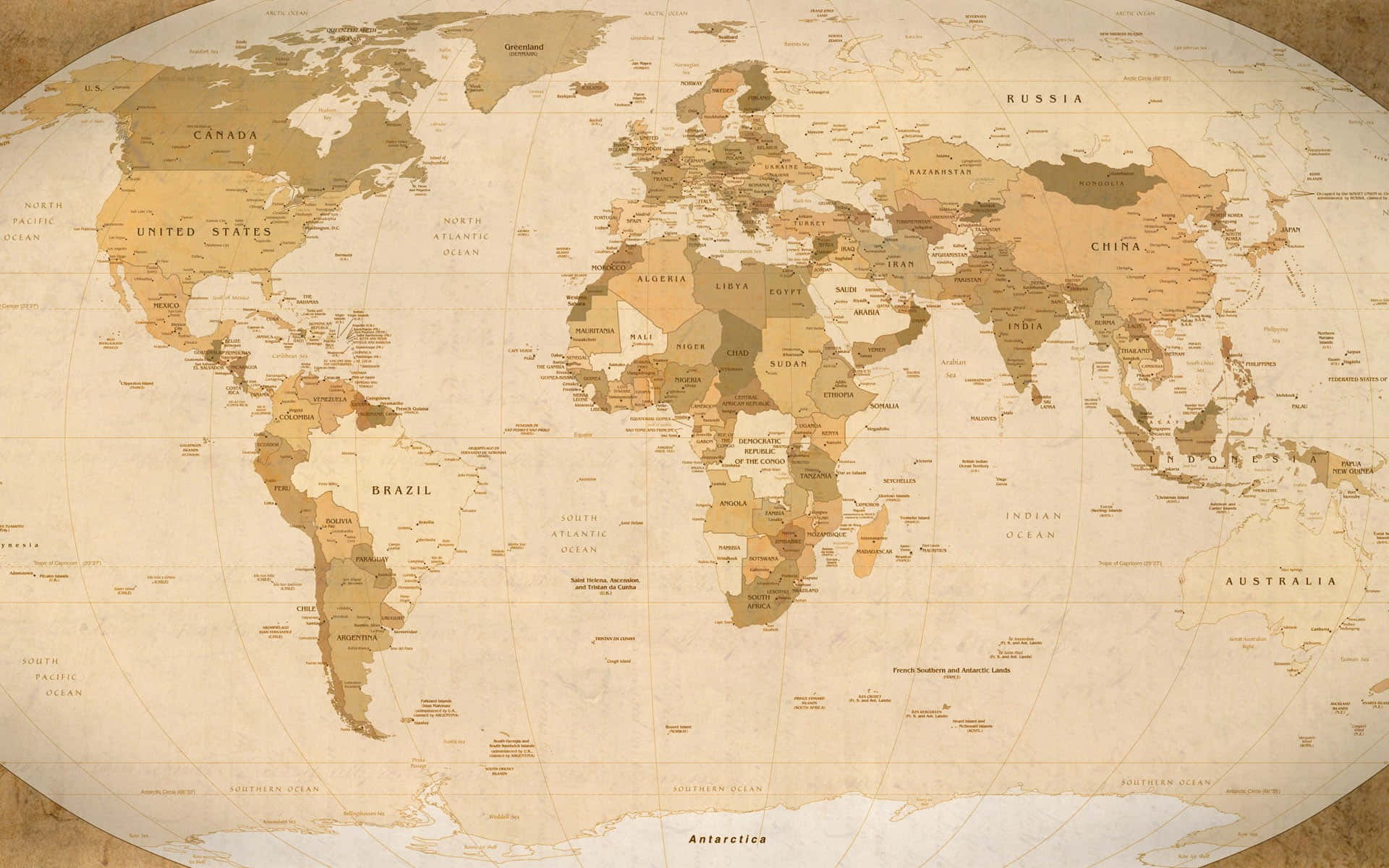 World Map Aesthetic 桌布 壁紙 — 復古世界地圖，帶有棕褐色調和詳細的國家標籤，背景為陳舊羊皮紙。