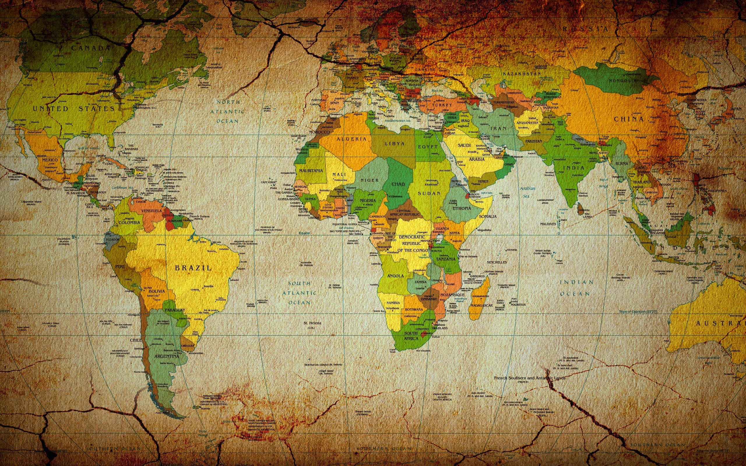 United States Map 桌布 壁紙 — 復古世界地圖，帶有裂紋羊皮紙質感和褪色的彩色國家。