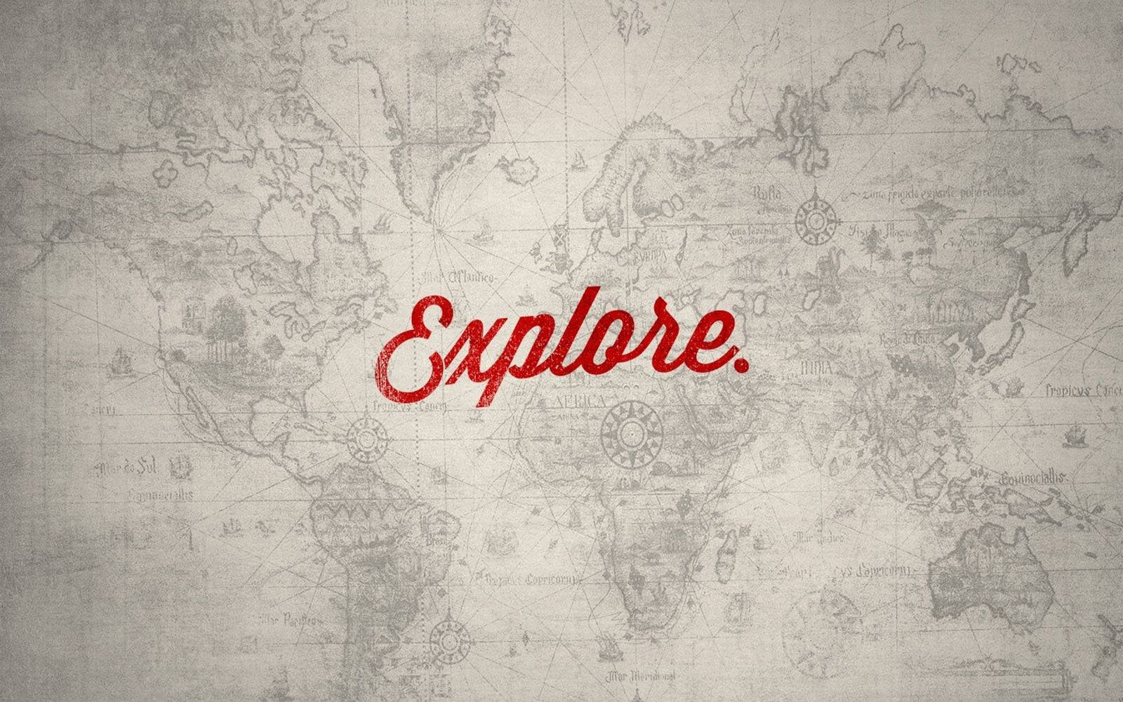 Quote 桌布 壁紙 — 復古世界地圖，紅色草書「Explore」文字疊加在陳舊羊皮紙背景上。