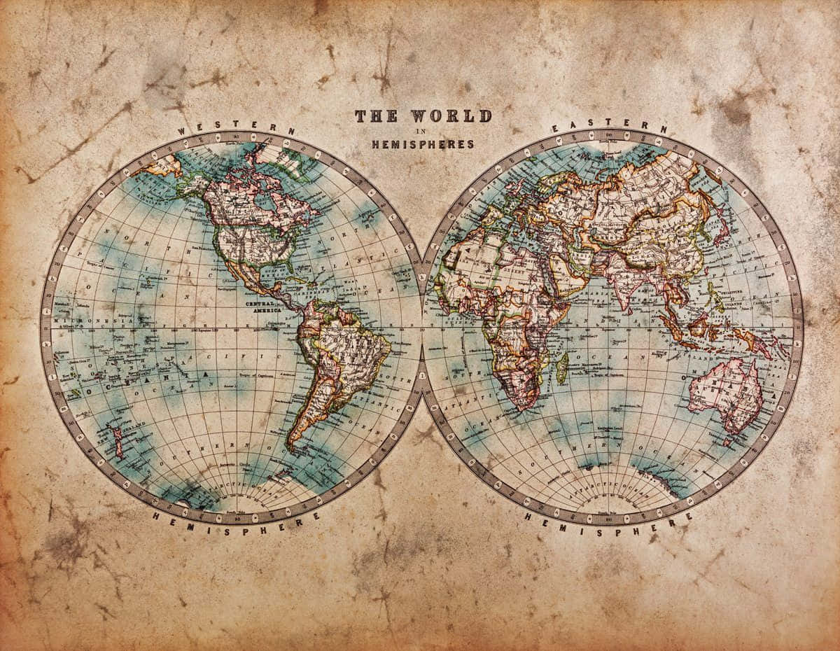 Map 桌布 壁紙 — 復古世界地圖分為西半球和東半球，繪於陳舊羊皮紙上，帶有褪色墨水和網格線。