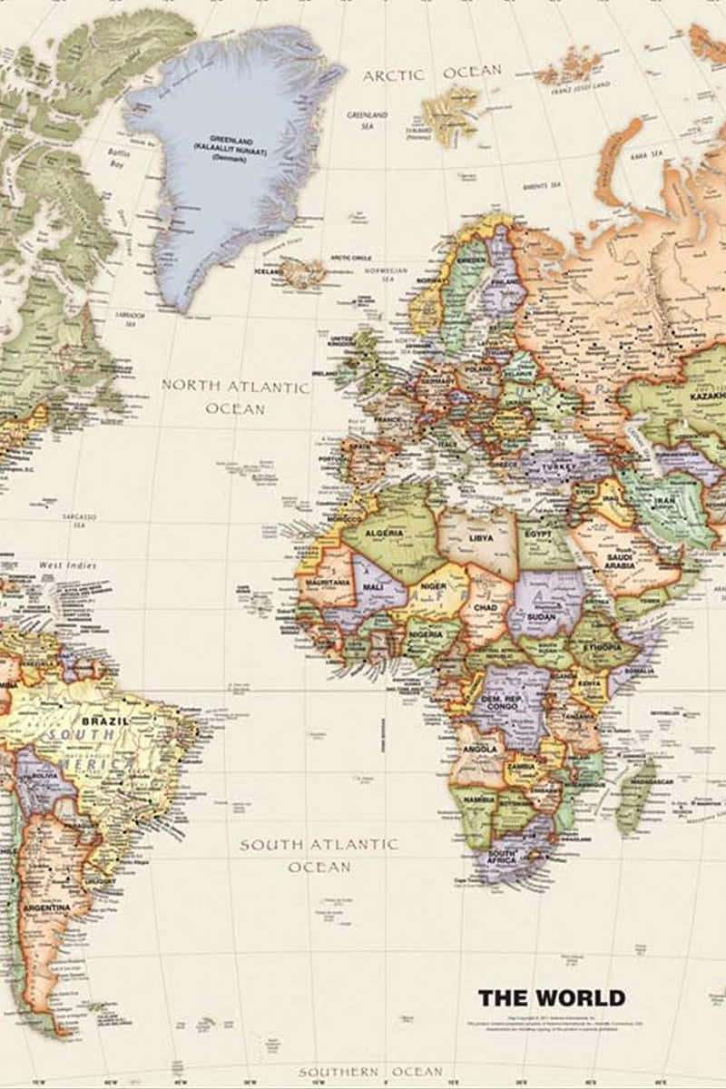 World Map Aesthetic 桌布 壁紙 — 復古世界地圖壁紙，奶油色背景上標有色彩繽紛的國家和海洋。