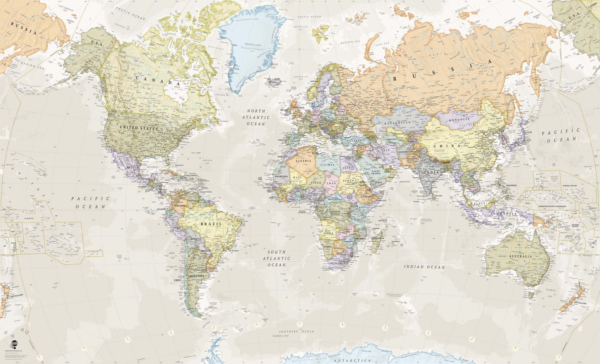 Map 桌布 壁紙 — 復古世界地圖壁紙，採用柔和粉彩顏色，詳細的國家邊界，配以奶油色背景。