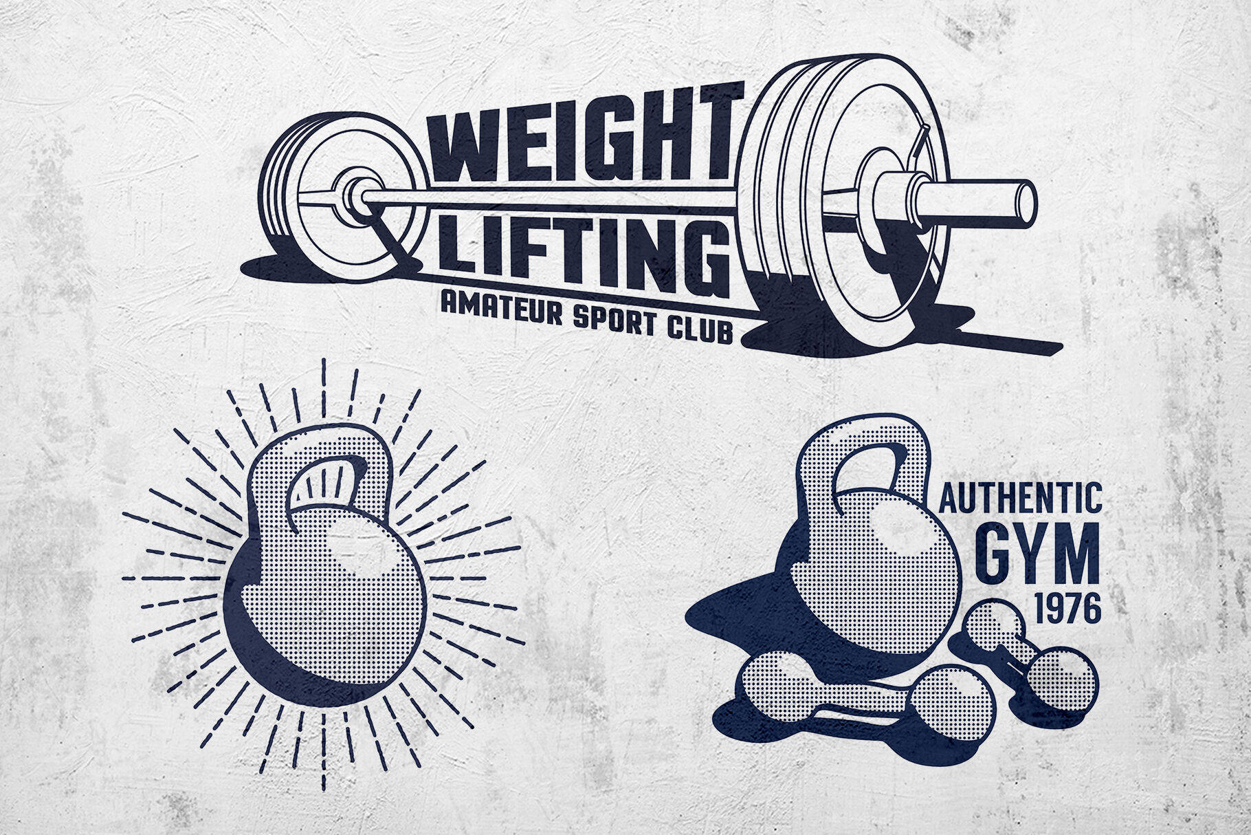 Barbell 桌布 壁紙 — 復古健身房標誌套裝，包含槓鈴、壺鈴和啞鈴，以粗體藍色呈現於紋理白色背景上。
