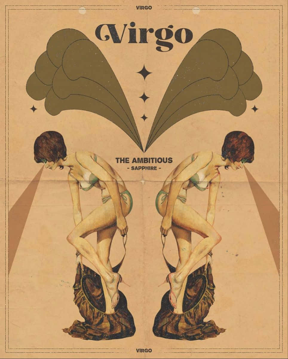 Virgo Aesthetic 桌布 壁紙 — 復古占星海報，描繪一位身穿比基尼、帶翅膀的女性鏡像插圖，文字為Virgo The Ambitious Sapphire。