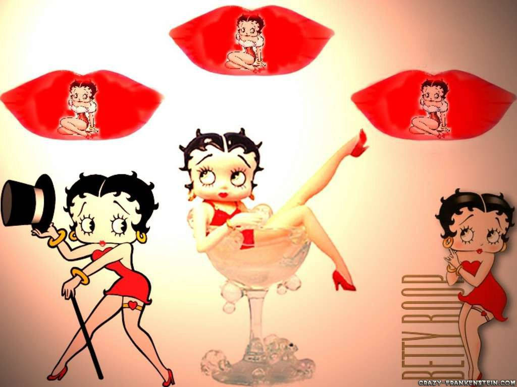 boop 桌布 壁紙 — 復古卡通 Betty Boop 以多種俏皮姿勢，被巨大的紅唇包圍，背景為溫暖的漸變色。