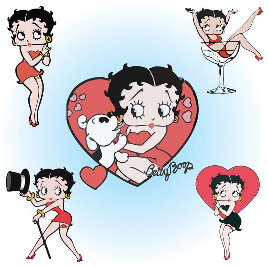 貝蒂娃娃 桌布 壁紙 — 復古卡通 Betty Boop 以多種俏皮姿勢搭配心形和狗，背景為柔和藍色漸變。