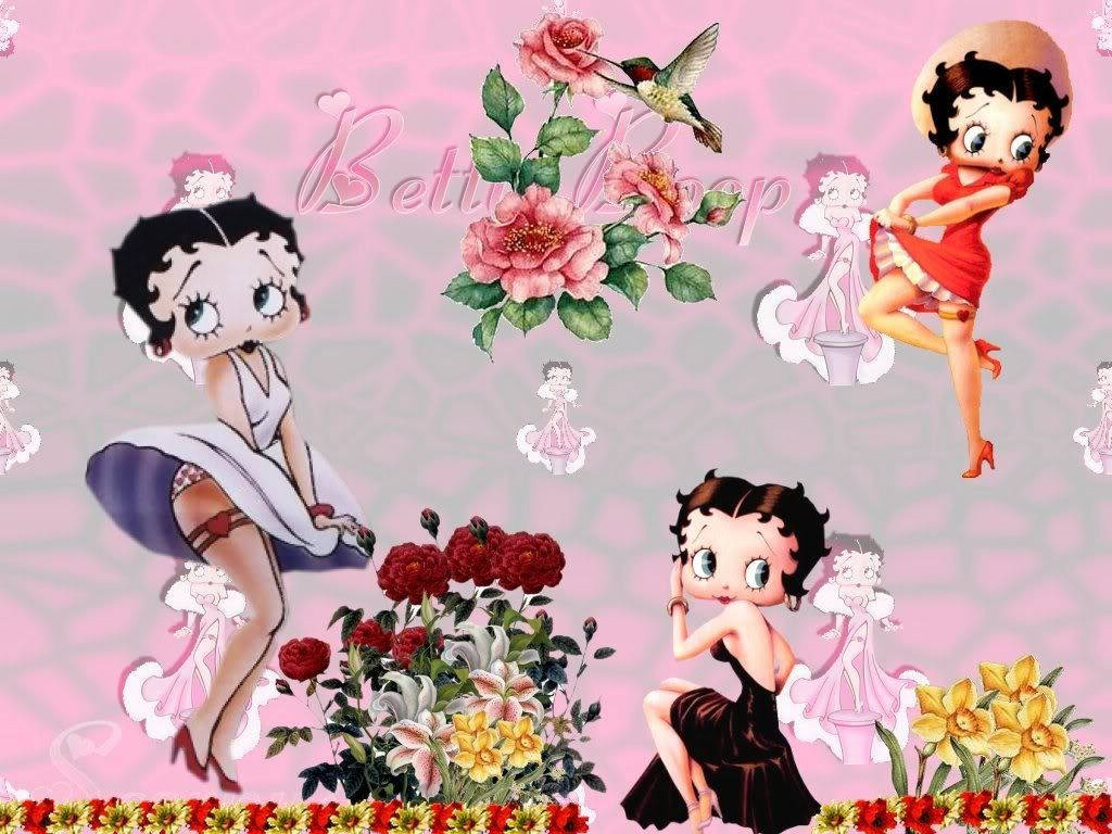 boop 桌布 壁紙 — 復古卡通 Betty Boop 以各種姿勢被色彩繽紛的花朵和蜂鳥包圍在粉紅色圖案背景上。