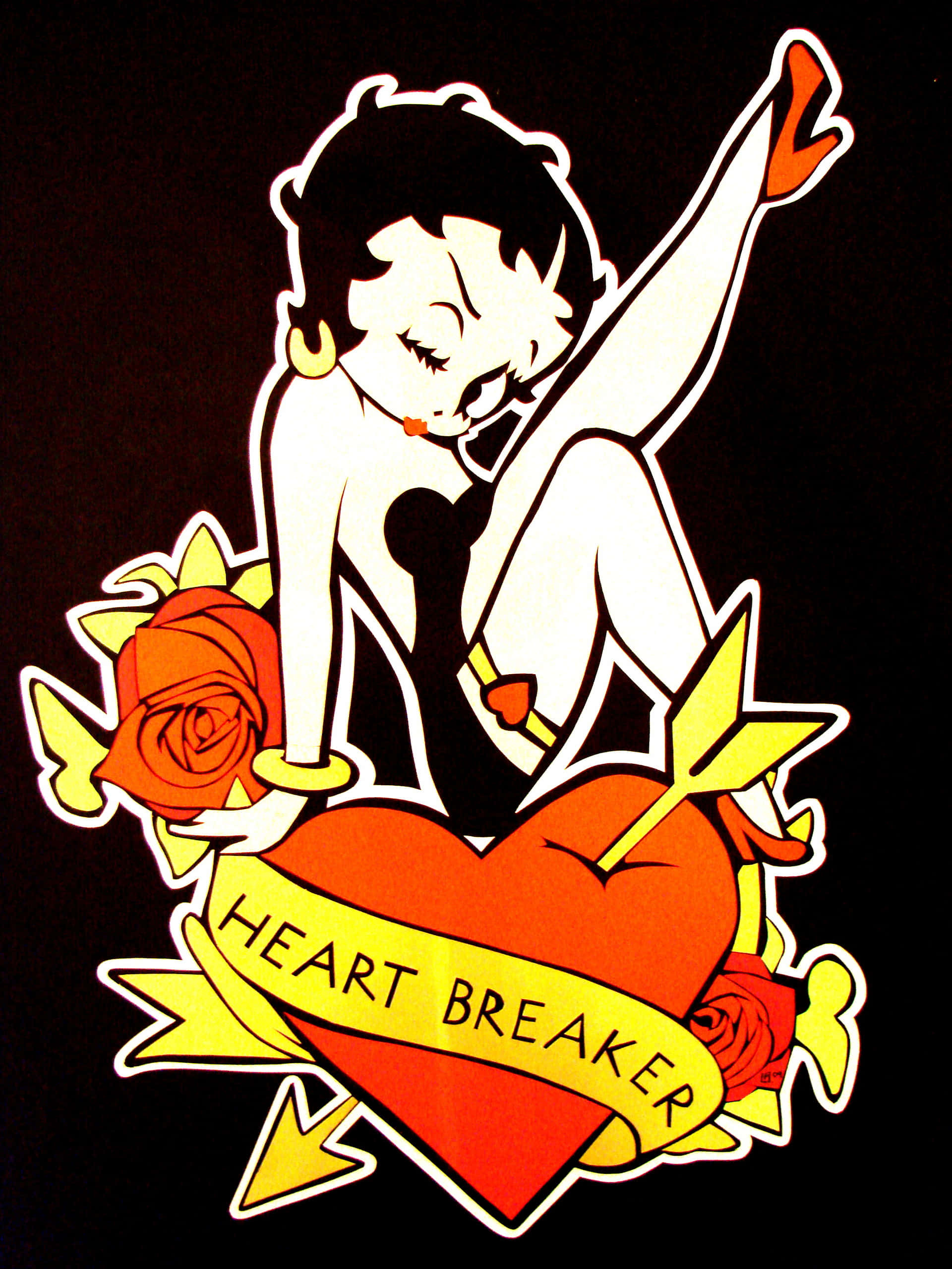 貝蒂娃娃 桌布 壁紙 — 復古卡通海報女郎，玫瑰與箭穿過標有 heart breaker 的心臟，黑色背景。