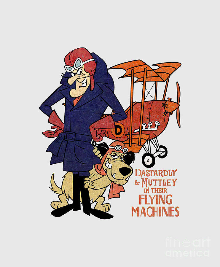 Muttley 桌布 壁紙 — 復古卡通角色 Dastardly 和 Muttley 自豪地站在他們的橙色雙翼飛機旁邊，背景為純色。