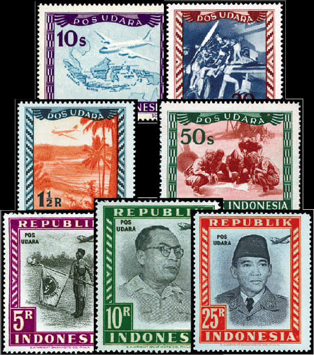 Letter 桌布 壁紙 — 復古印尼航空主題郵票，以彩色背景展示飛機風景、軍事場景和肖像。
