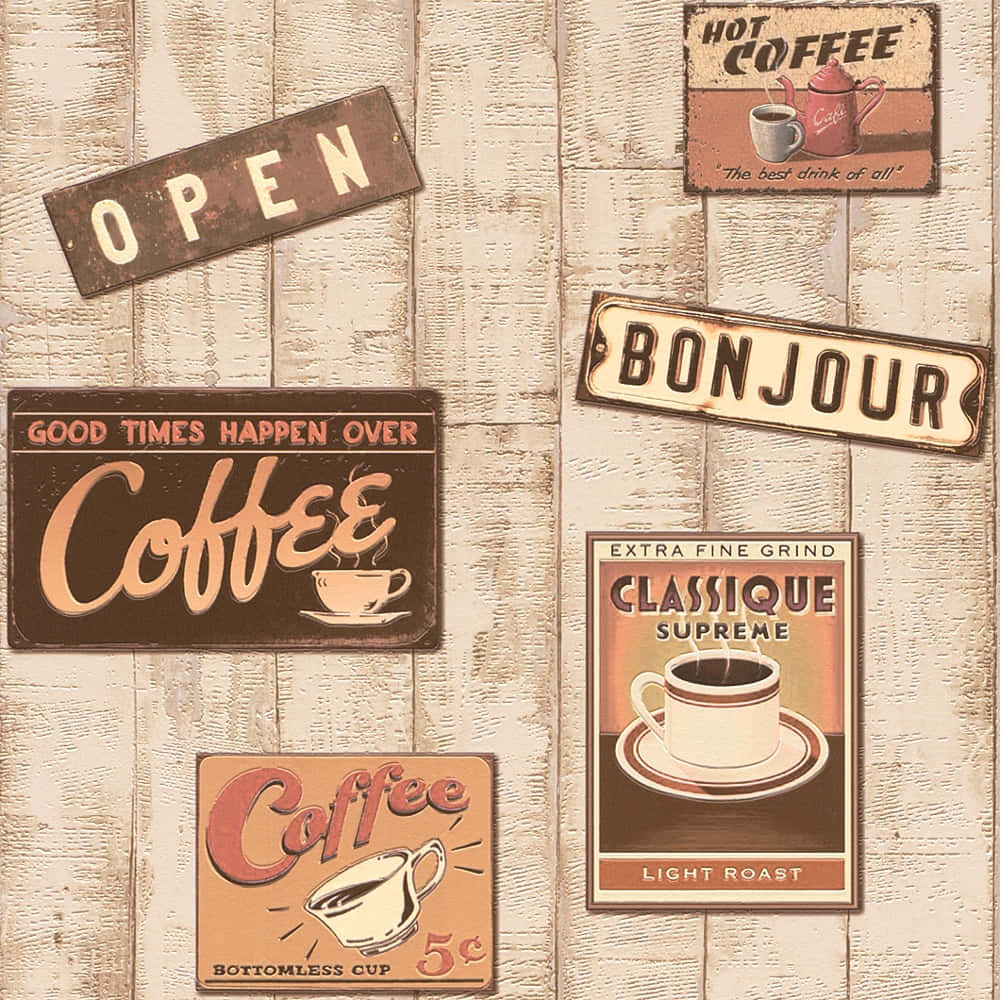 Brown Coffee 桌布 壁紙 — 復古咖啡主題標誌，帶有復古字體和溫暖色調，點綴在風化的木牆上。