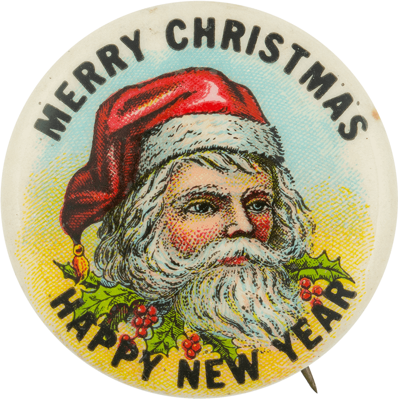 merry christmas and happy new year 桌布 壁紙 — 復古圓形按鈕，上面有一個戴紅帽、掛冬青花環的快樂聖誕老人，背景是黃藍漸變色。
