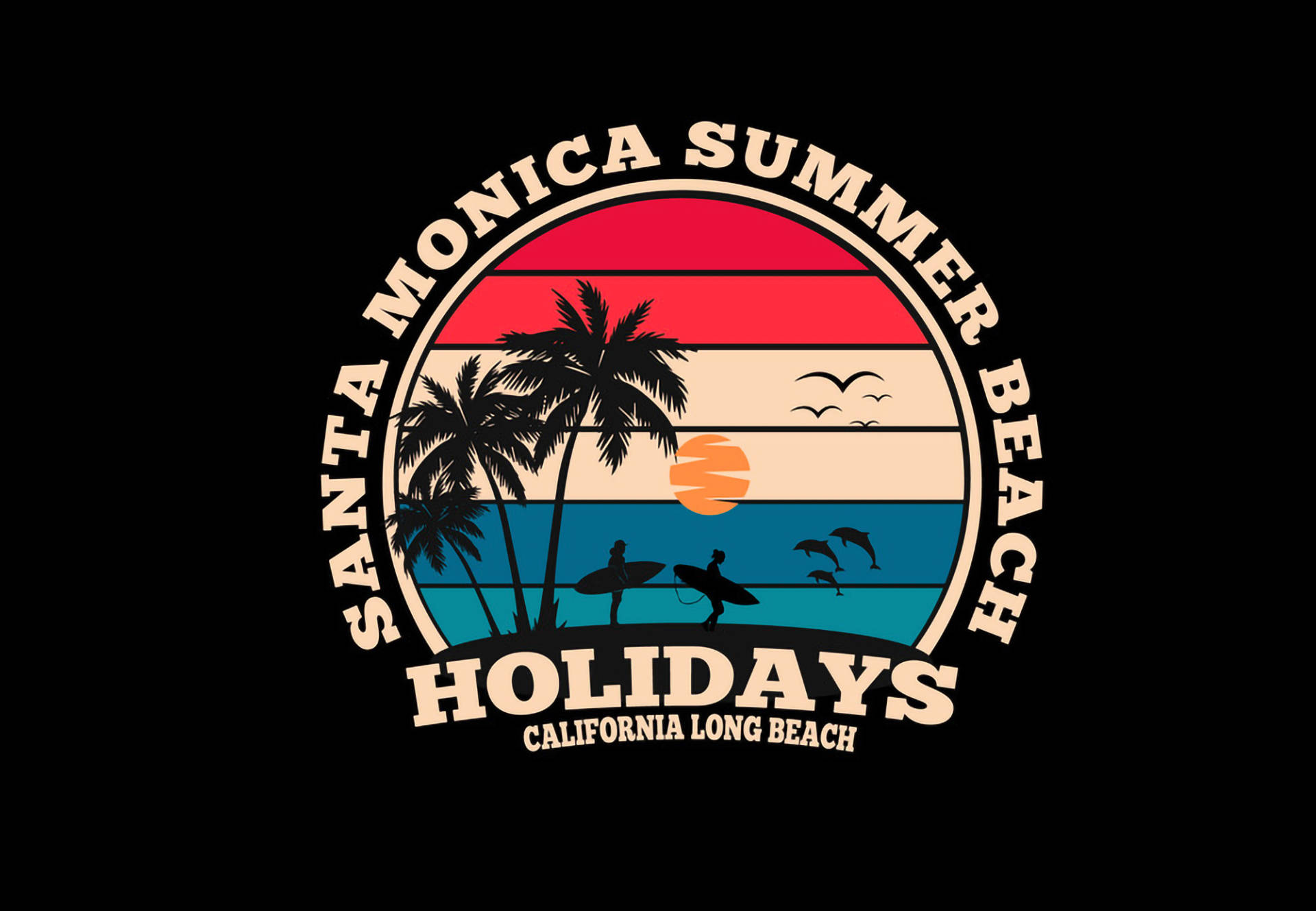 Monica 桌布 壁紙 — 復古圓形標誌，適用於聖塔莫尼卡夏季海灘假期，以棕櫚樹、衝浪者、海豚和日落為特色，背景為黑色。