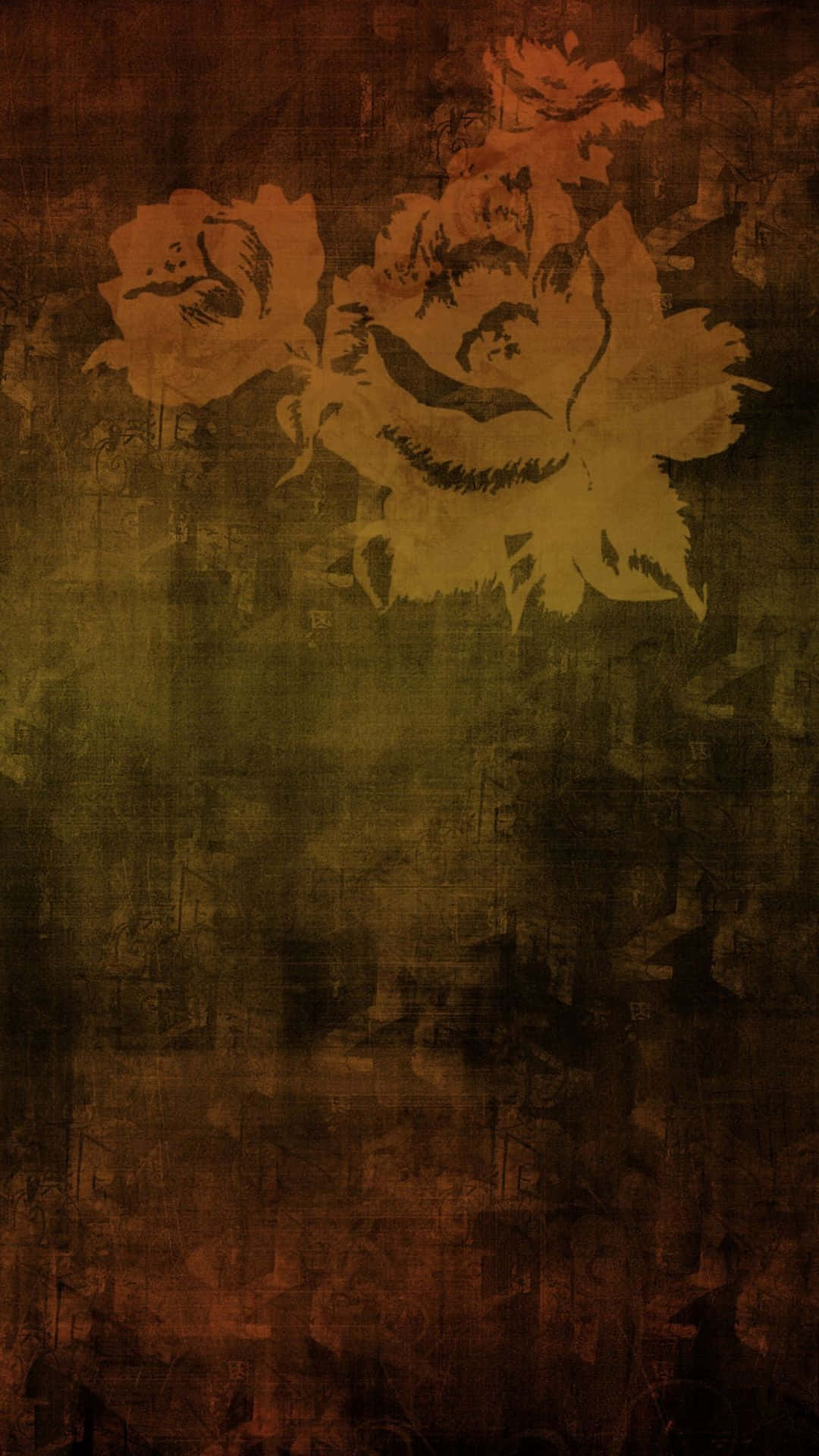 old 桌布 壁紙 — 復古垃圾風格壁紙，在質感深棕色背景上呈現赭色和橄欖色的褪色花卉剪影。