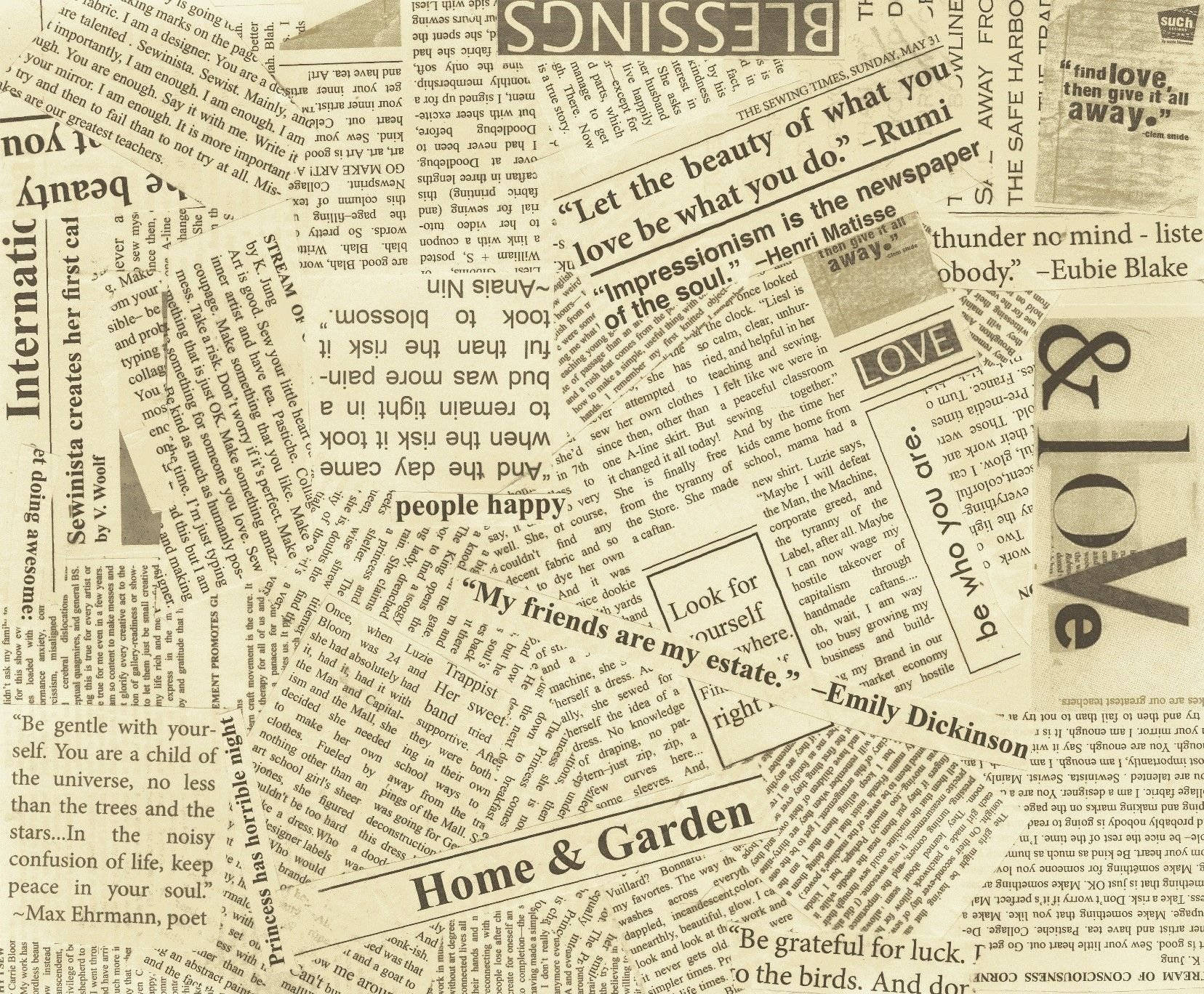Newspaper Aesthetic 桌布 壁紙 — 復古報紙剪報，包含勵志名言和頭條新聞，排列成有紋理的拼貼畫。