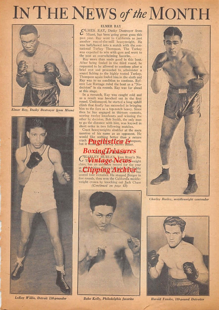 Boxing 桌布 壁紙 — 復古報紙剪報包含四張1940年代拳擊手的黑白照片，配有粗體標題和描述性文字。
