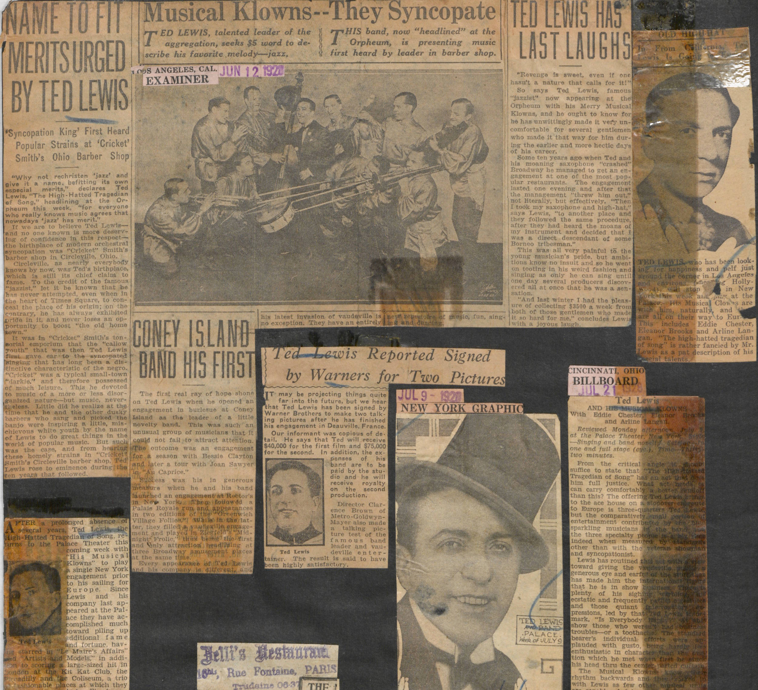 Ted Lewis 桌布 壁紙 — 復古報紙剪報拼貼，展示 Ted Lewis 在 1920 年代音樂生涯的頭條新聞和照片。