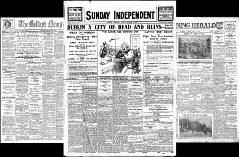 Newspaper 桌布 壁紙 — 復古報紙拼貼，以愛爾蘭獨立戰爭期間都柏林的破壞和處決為主題的戲劇性頭條。
