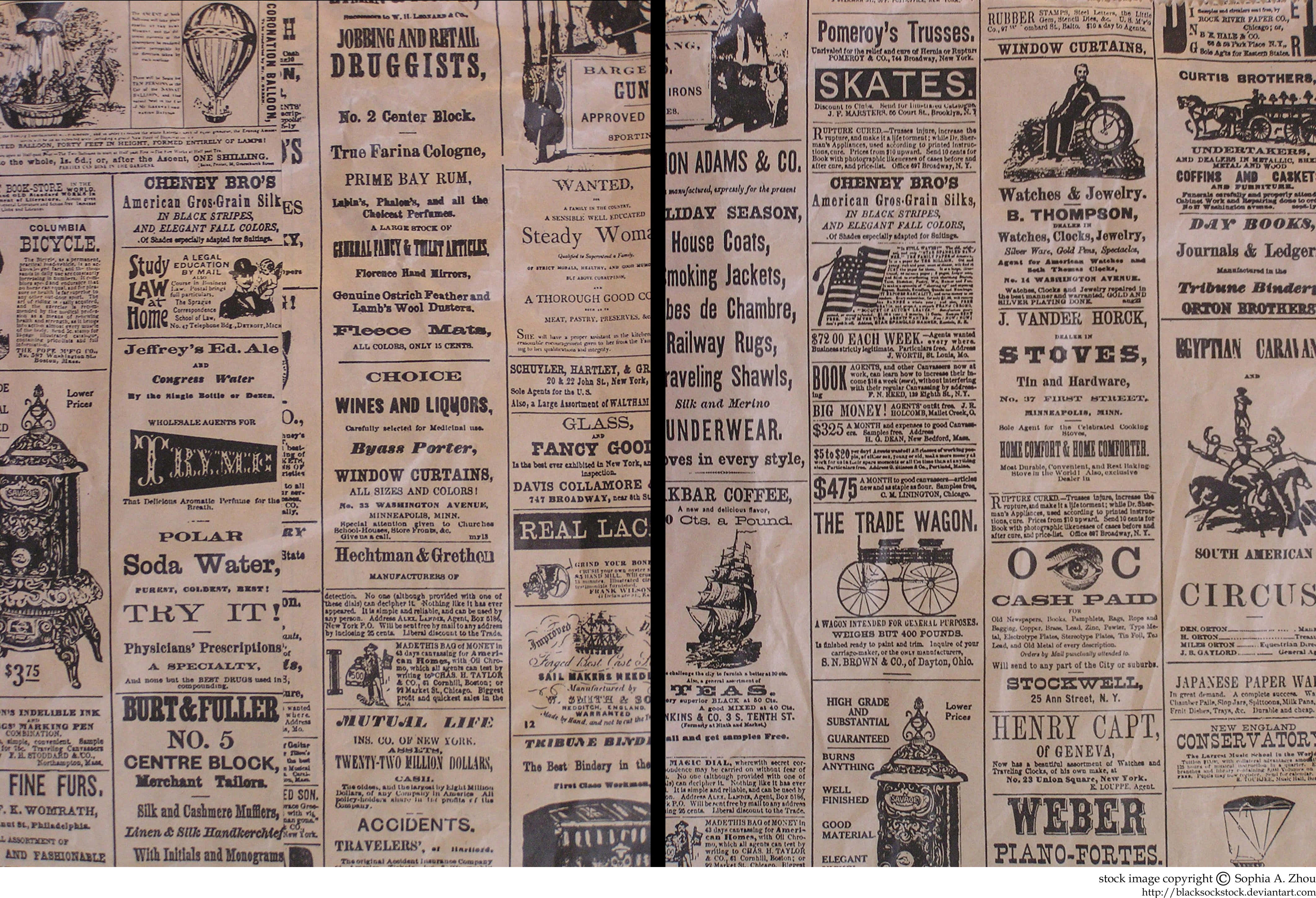 Vintage Newspaper 桌布 壁紙 — 復古報紙拼貼，充滿密集的歷史廣告，商品如自行車、溜冰鞋和藥品，以懷舊棕色調呈現。