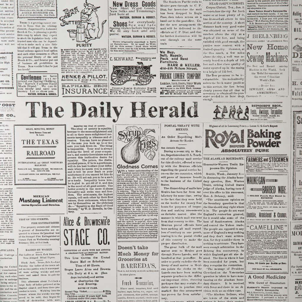 Newspaper 桌布 壁紙 — 復古報紙拼貼，在泛黃的舊紙張上有密集的黑色文字，包含泡打粉、保險和鐵路的廣告。