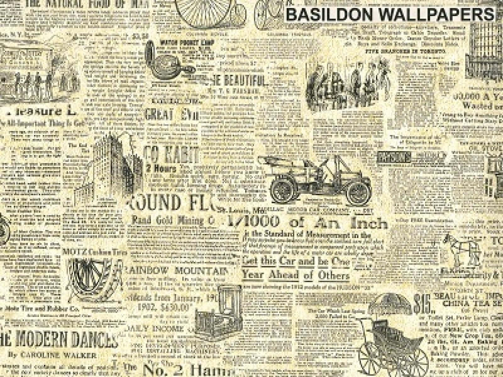 Vintage Newspaper 桌布 壁紙 — 復古報紙拼貼，泛黃紙張上展示汽車、馬匹和發明的舊廣告。