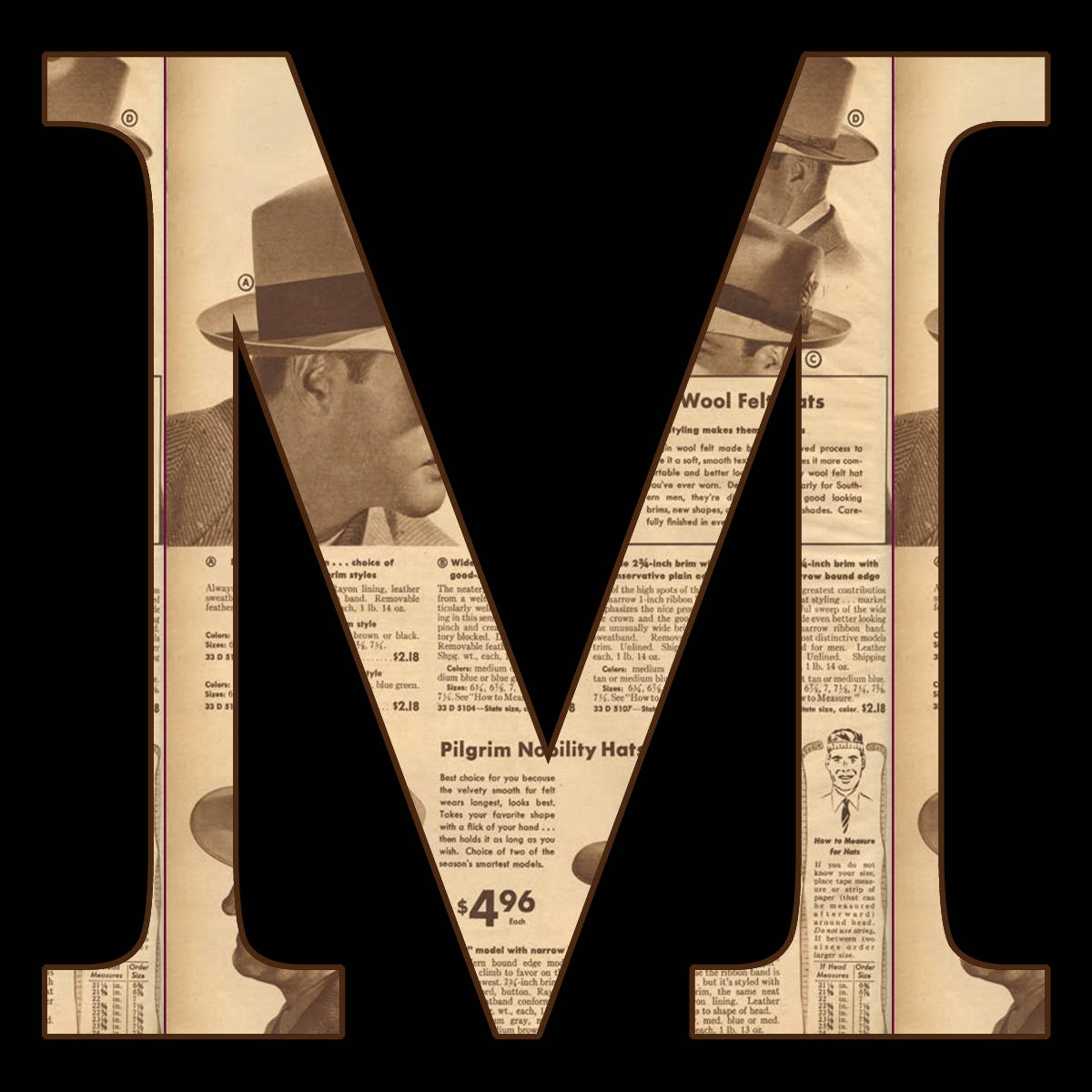 m 桌布 壁紙 — 復古報紙拼貼形成字母M，包含戴紳士帽的男士和帽子廣告圖片。