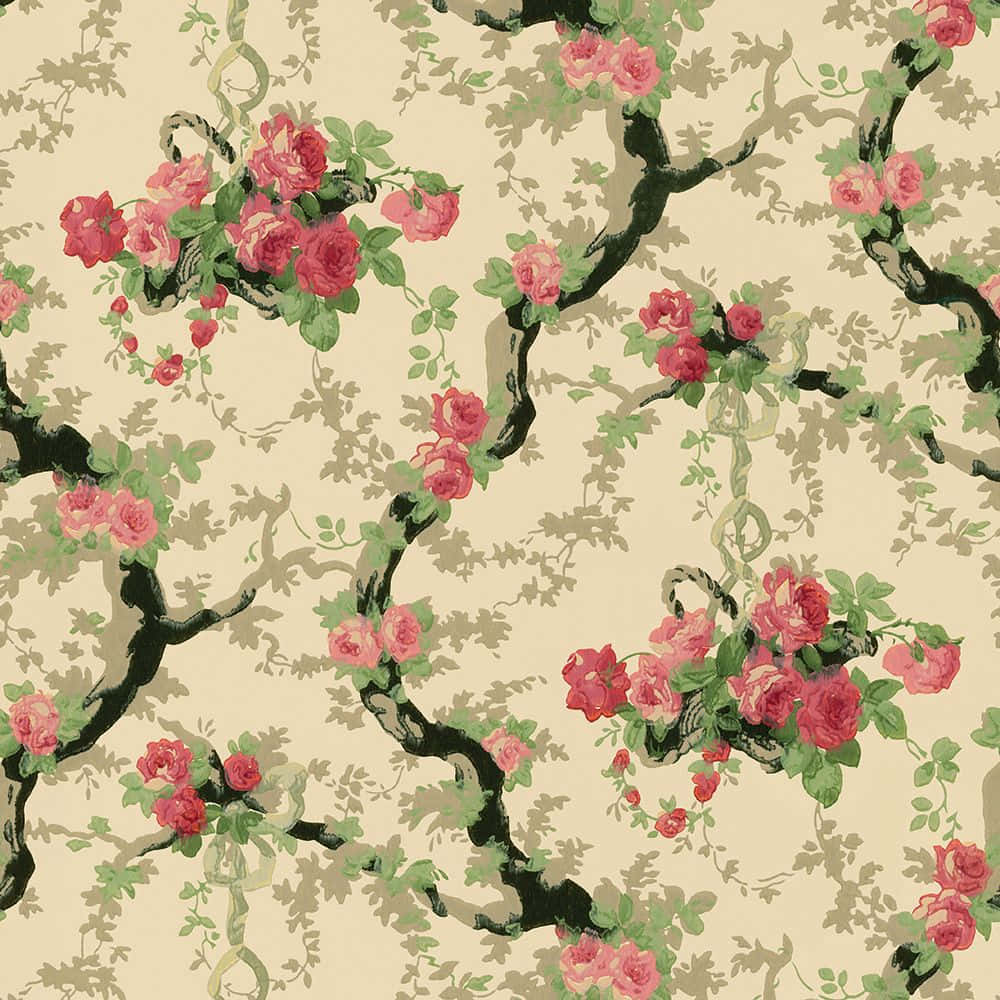 Floral Art 桌布 壁紙 — 復古壁紙，粉紅玫瑰和深色藤蔓在奶油色背景上攀爬。