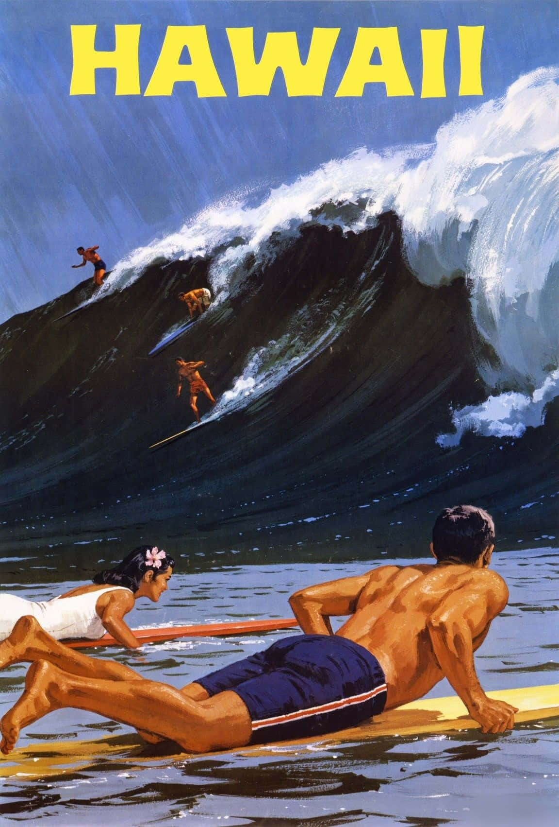 waves 桌布 壁紙 — 復古夏威夷衝浪海報展示衝浪者在巨浪上衝浪，並以粗體黃色文字宣告夏威夷。