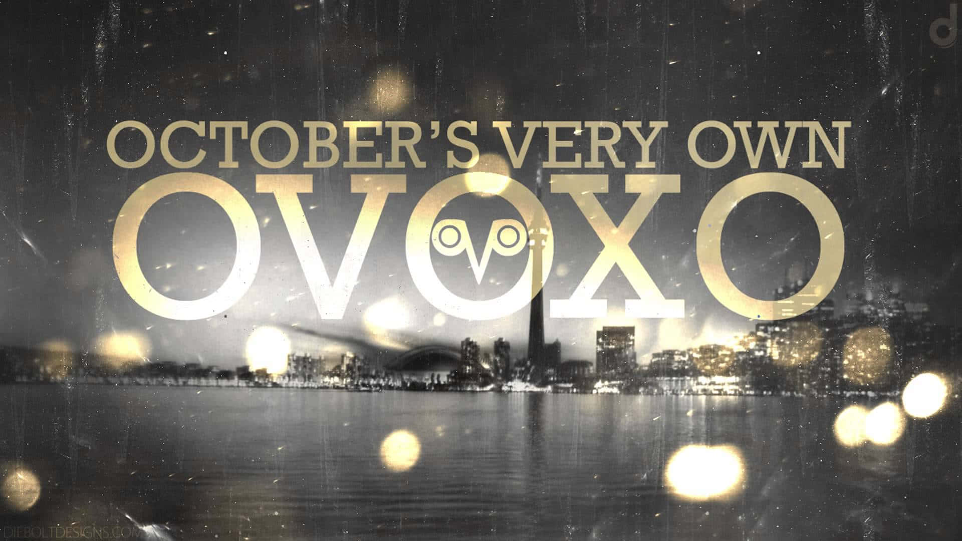 Drake Ovo Owl iPhone 桌布 壁紙 — 復古夜景城市景觀，帶有發光散景燈光，水面上有粗體金色文字 October's Very Own OVOXO。