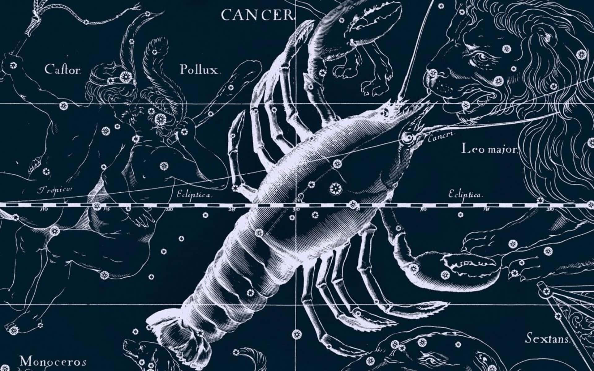 cancer 桌布 壁紙 — 復古天體圖在深藍色背景上，將巨蟹座描繪成一隻螃蟹，周圍有神話人物和標記的星星。