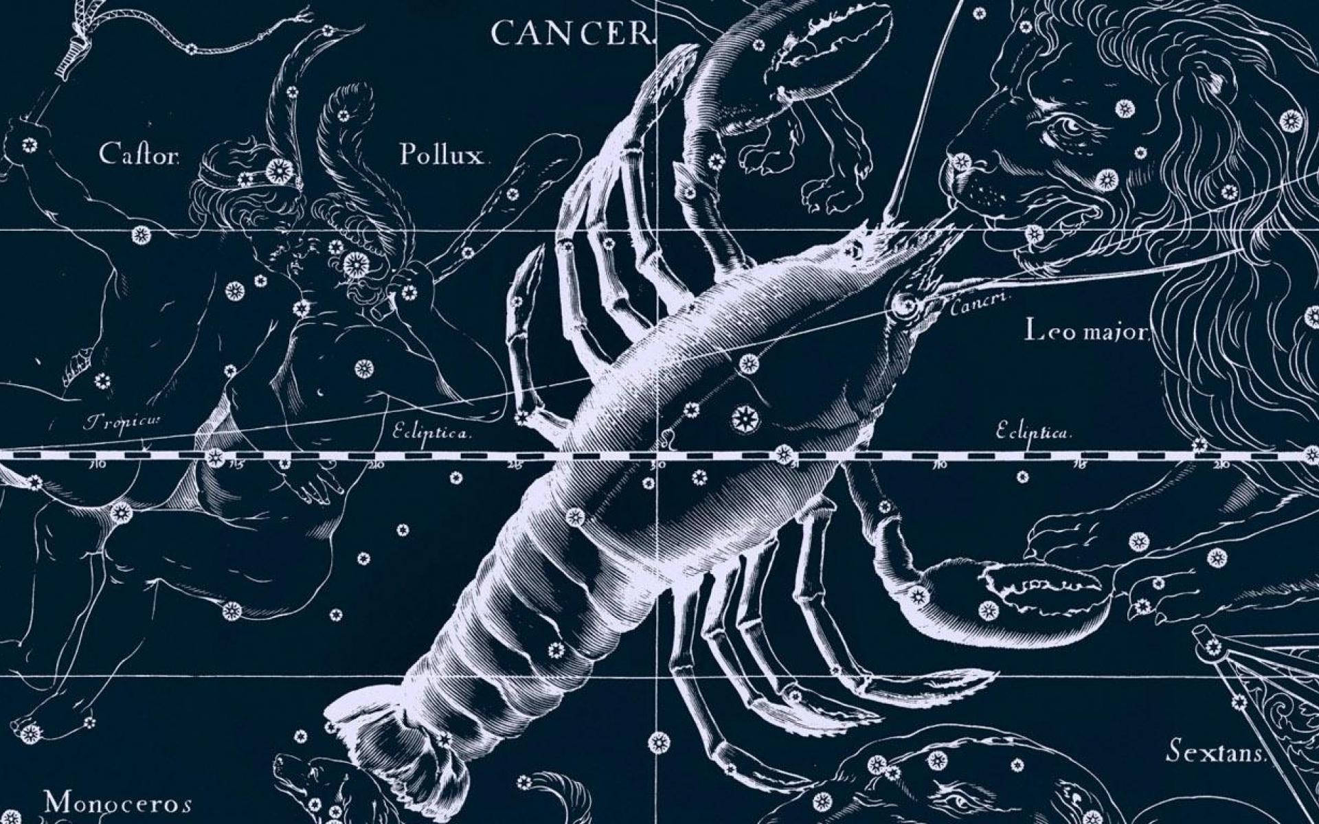 zodiac 桌布 壁紙 — 復古天體圖在深藍色背景上描繪巨蟹座為一隻螃蟹，周圍有神話人物和星圖。
