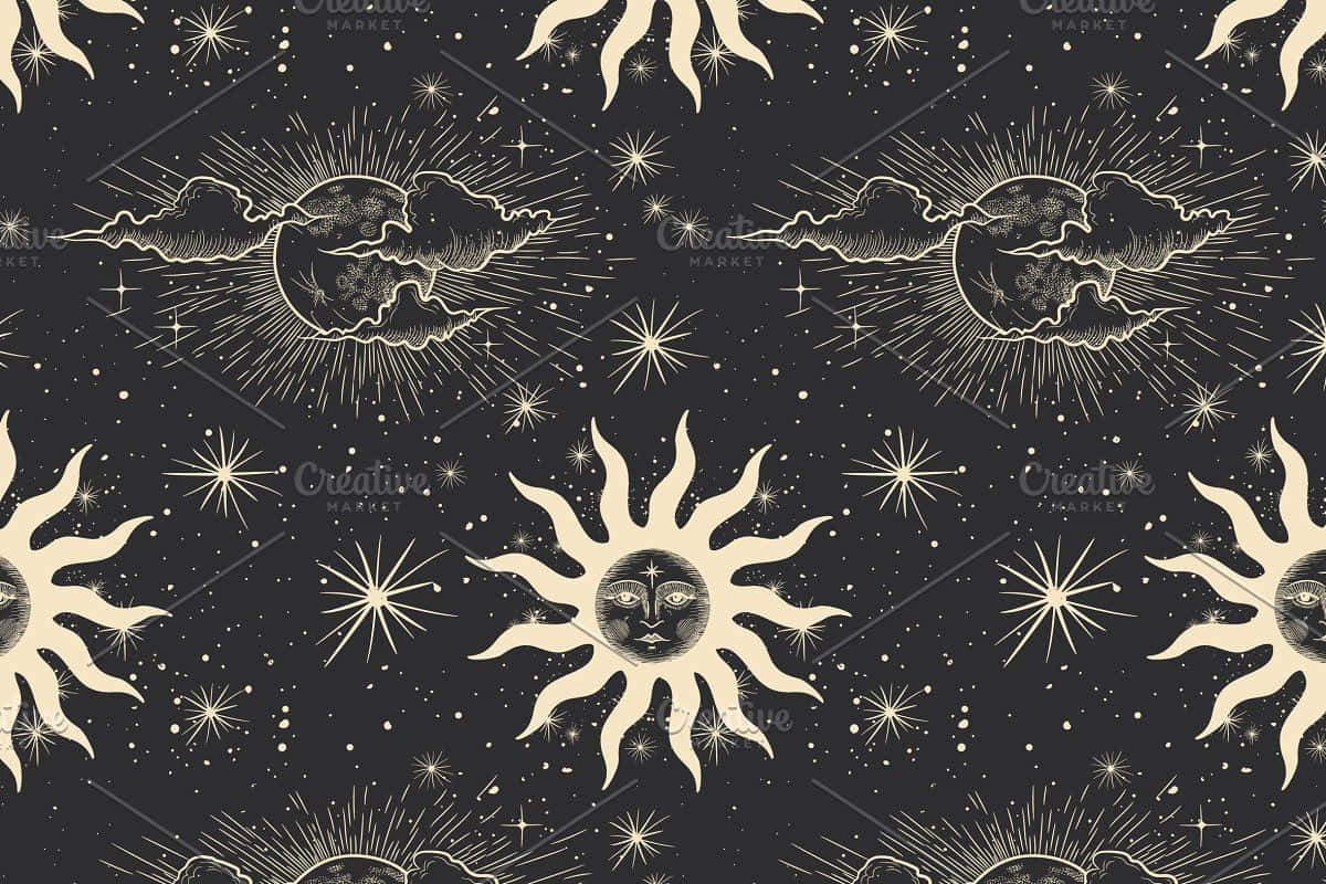 桌布 壁紙 — 復古天體圖案，以奶油色太陽、月亮和星星點綴在深色背景上。