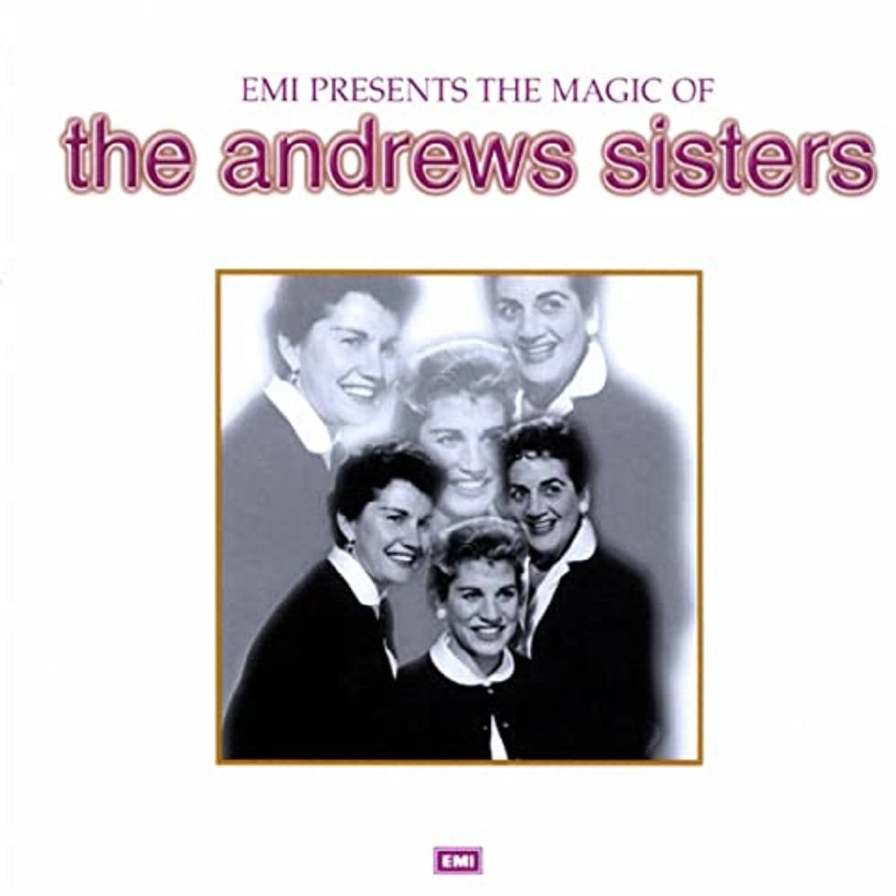 音樂 桌布 壁紙 — 復古專輯封面 featuring Andrews Sisters，黑白照片充滿歡樂，配以紫色文字。