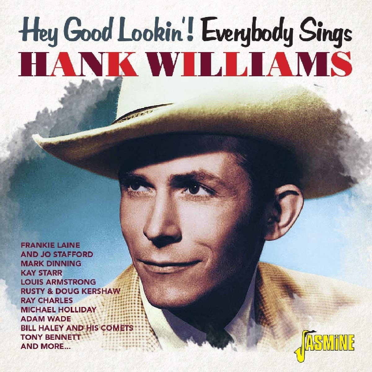 poster 桌布 壁紙 — 復古專輯封面，Hank Williams 戴著牛仔帽，在柔和藍天背景下露出溫暖笑容。