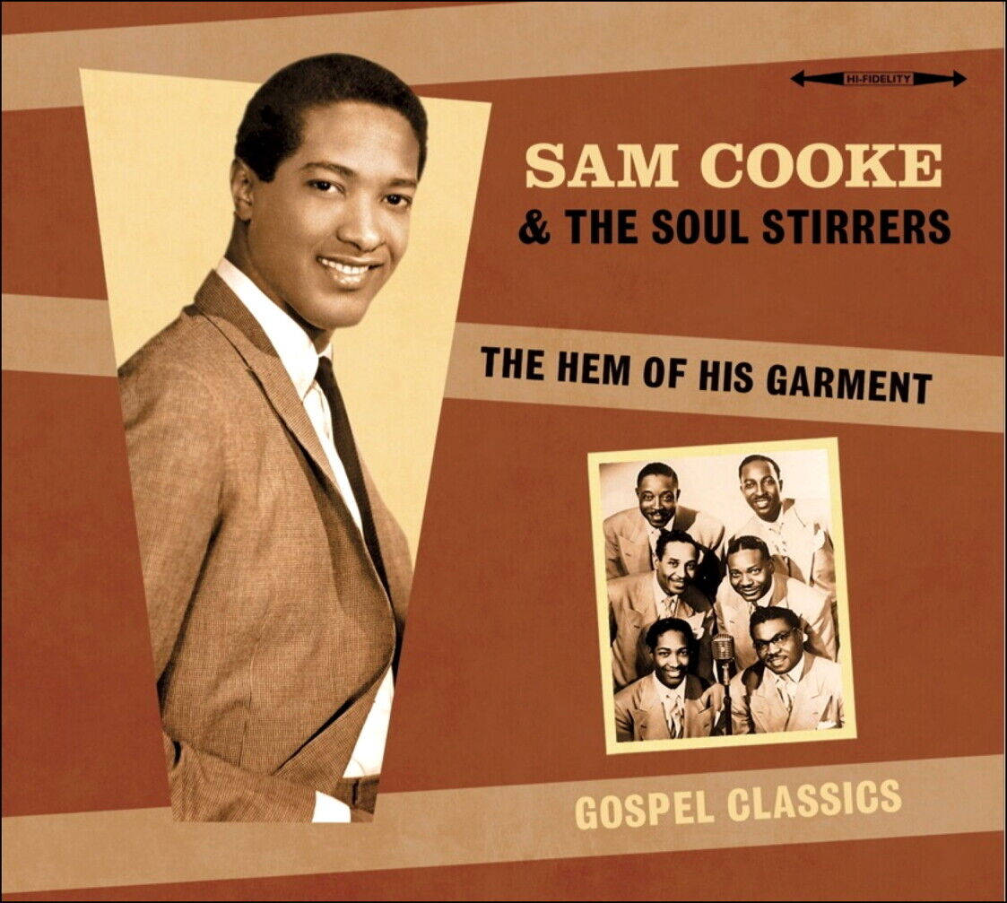 復古 桌布 壁紙 — 復古專輯封面，Sam Cooke 身穿棕色西裝微笑，旁邊是 The Soul Stirrers 的照片，搭配粗體復古字體。
