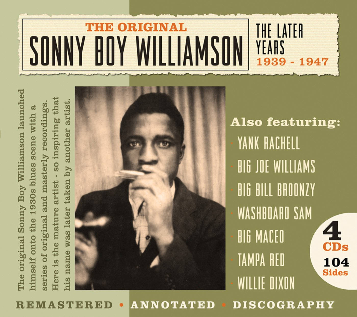 album 桌布 壁紙 — 復古專輯封面，Sonny Boy Williamson 吹奏口琴，粗體字體，橄欖綠背景。