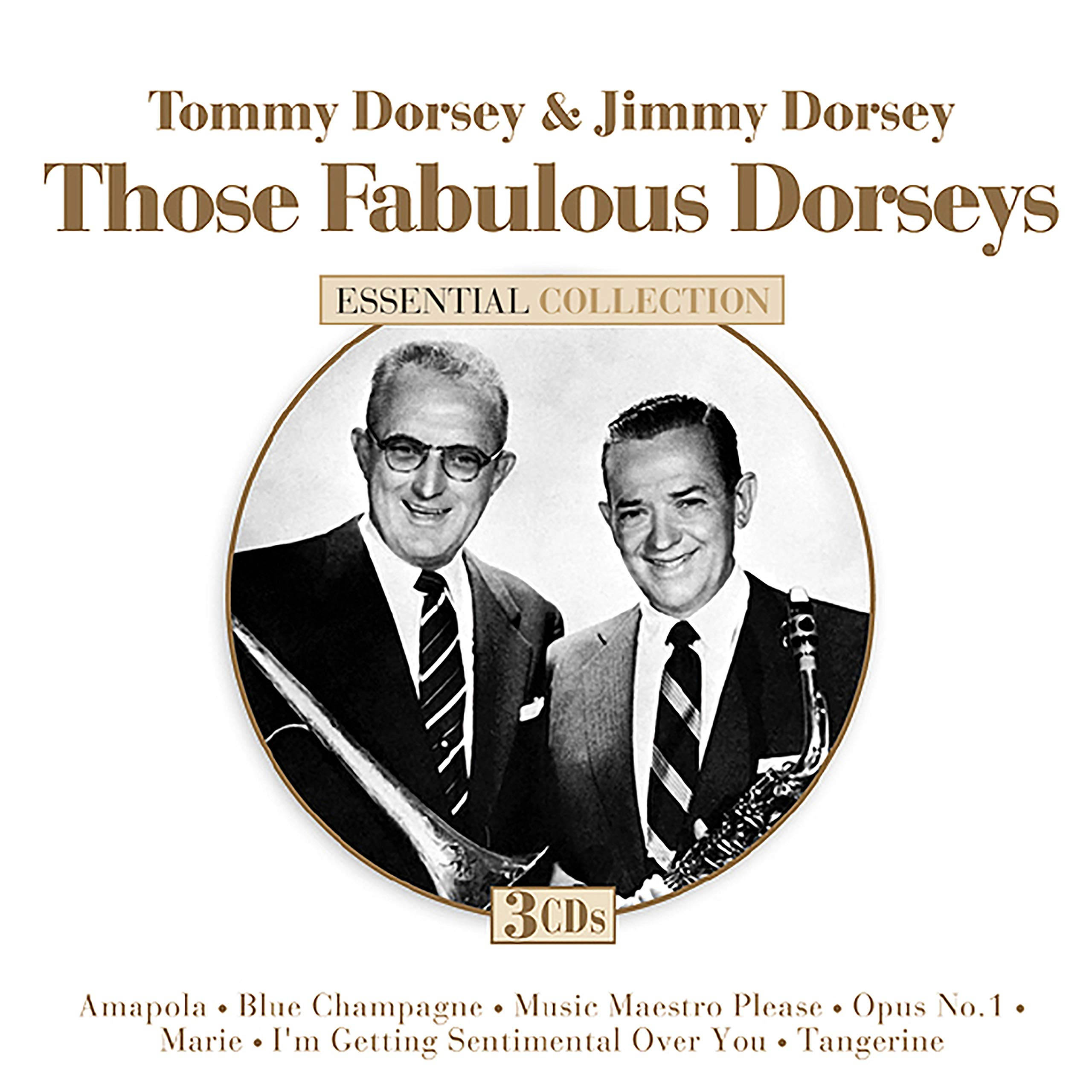 album 桌布 壁紙 — 復古專輯封面，Tommy 和 Jimmy Dorsey 微笑著身穿西裝，手持薩克斯風，配有金色文字和圓形相框。
