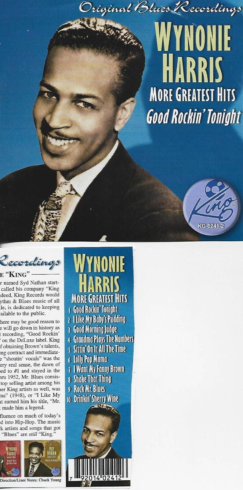Album Cover 桌布 壁紙 — 復古專輯封面，微笑的藍調歌手Wynonie Harris身穿西裝，背景為藍色，並附有歌曲名稱。