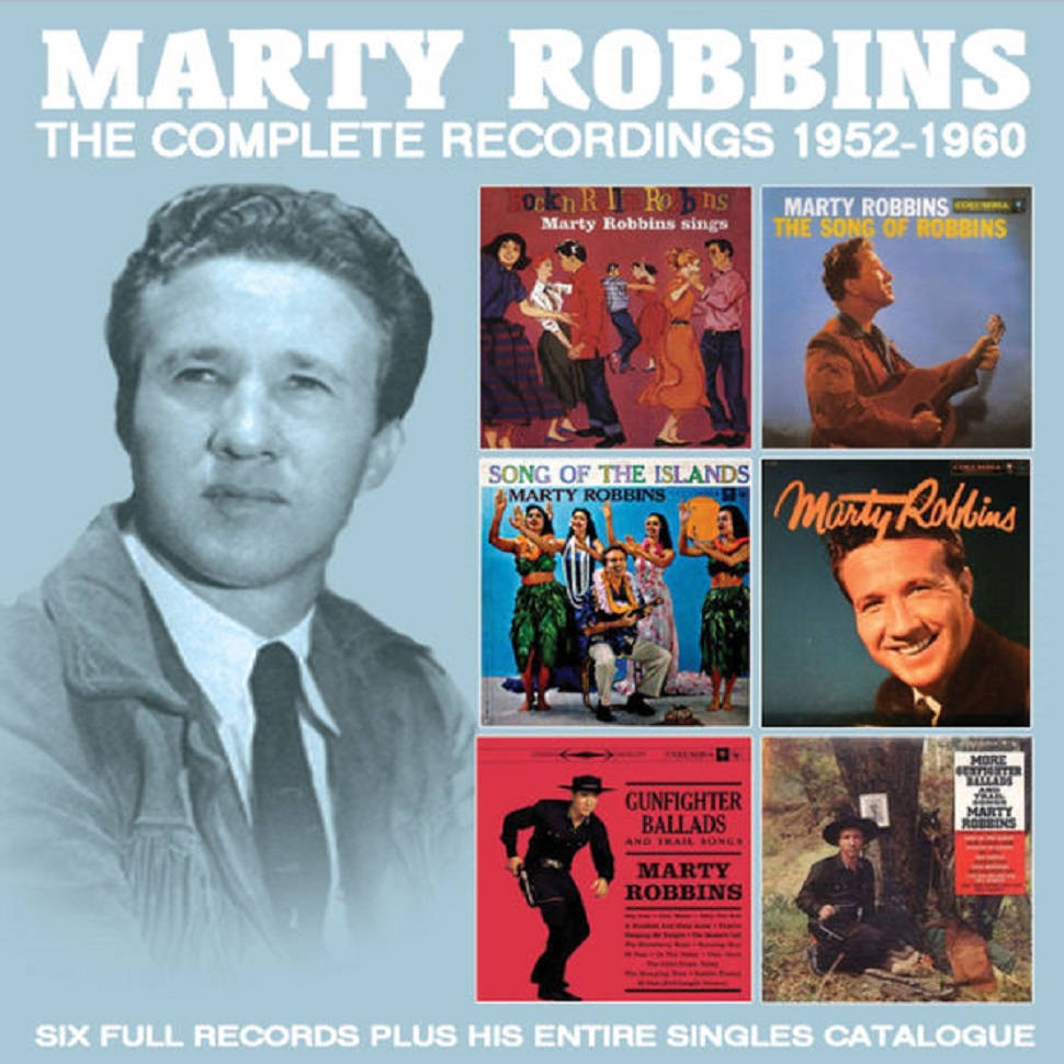 音樂 桌布 壁紙 — 復古專輯封面拼貼， featuring Marty Robbins 與六張彩色唱片封套，展示他從1952年到1960年的音樂。