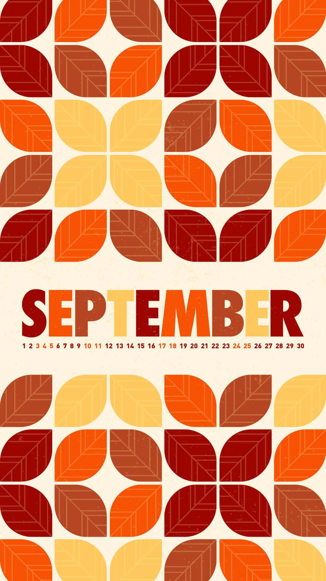 September iPhone 桌布 壁紙 — 復古幾何圖案壁紙，帶有重複的葉子圖案，採用溫暖的秋季色調和醒目的九月日曆。