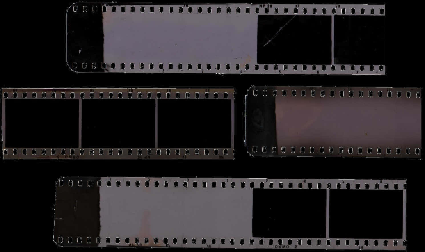 電影動圖 桌布 壁紙 — 復古底片條，帶有曝光框架和刮痕，背景為黑色。